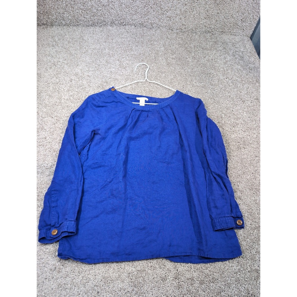 J.Crew Women 2 Royal Blue 100% Linen Long Sleeve Pleated Neck Blouse Top